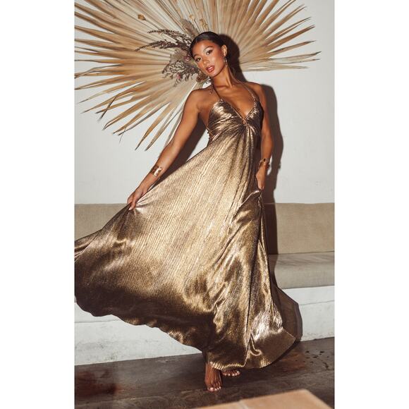 Show Me Your Mumu Paros Maxi Dress in Pleated Gold XS - Picture 1 of 8